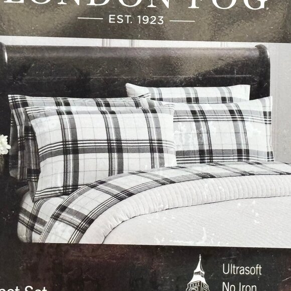 6-pc London Fog KING SIZE Plaid Sheet Set BLACK/GREY (2 extra pillowcases) - Picture 2 of 4